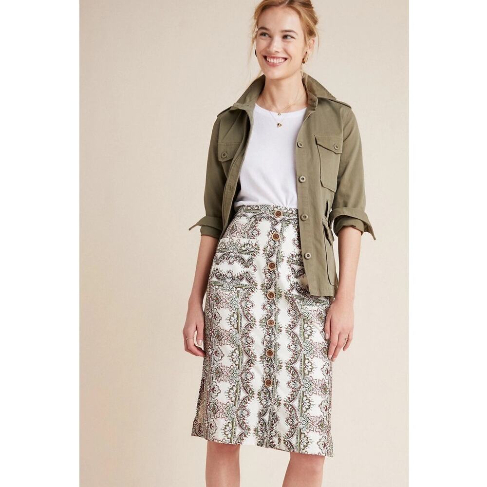 Maeve White and Olive Patterned Pencil Skirt